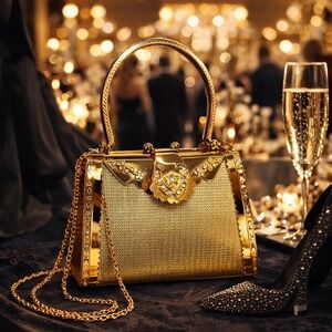 Gold Rhinestone Frame Evening Bag Vintage Style Top Handle Clutch w Chain